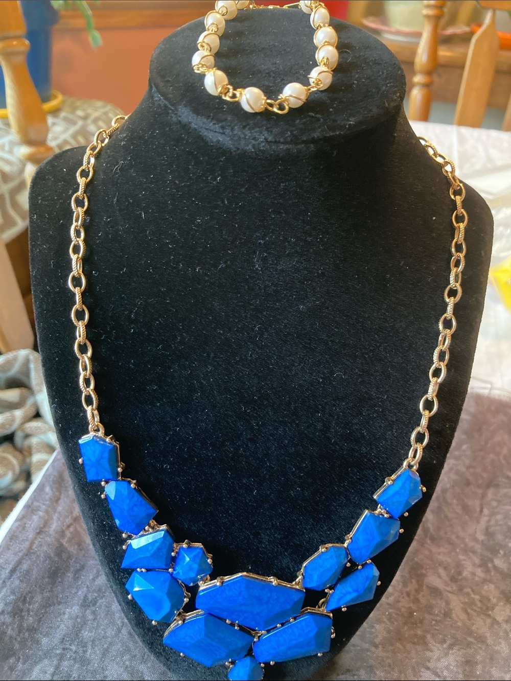 Golden Chain Statement Necklace with Bold Blue Accents & Beaded Bracelet